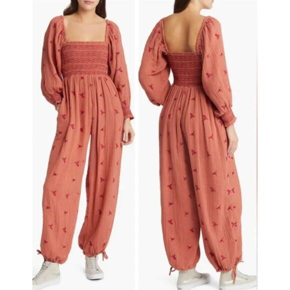 Free People Pants - Free People Dahlia Floral Embroidered Smocked Puff Sleeve Boho Pant Jumpsuit